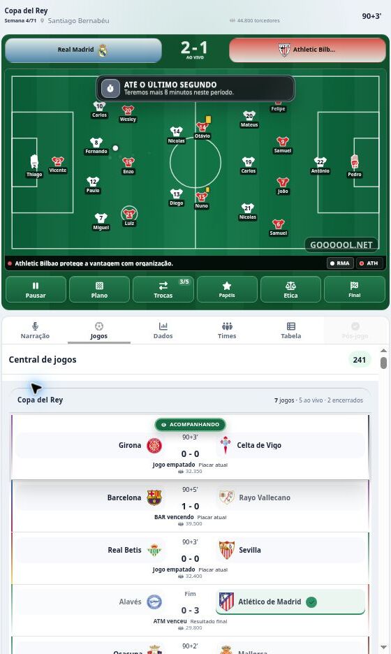Captura real do Goooool.net: Ao Vivo com campo e central de jogos