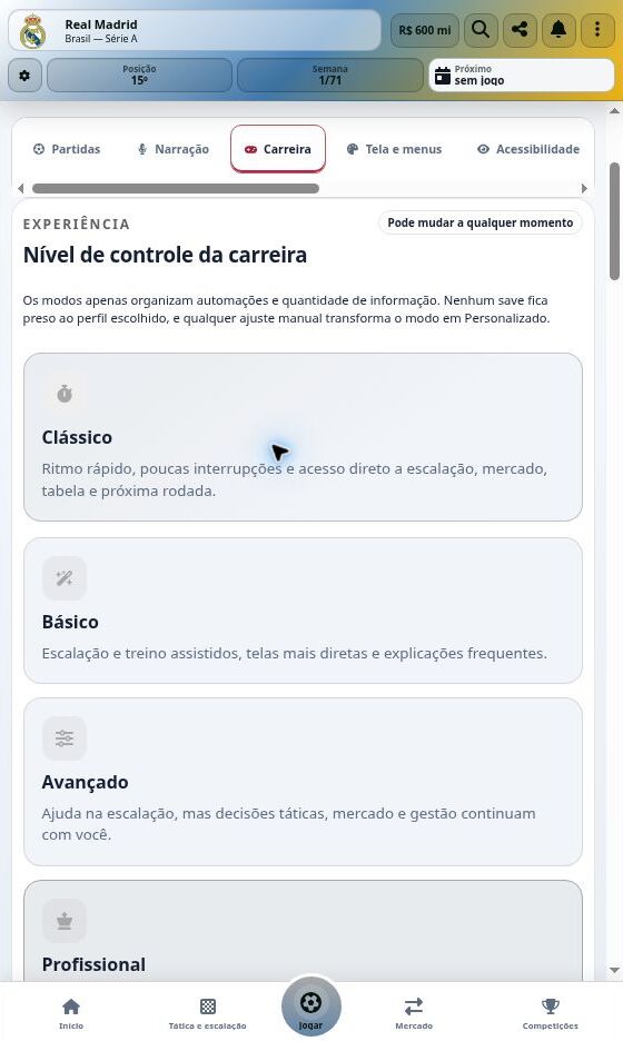Captura real do Goooool.net: Nível de controle e carreira autônoma