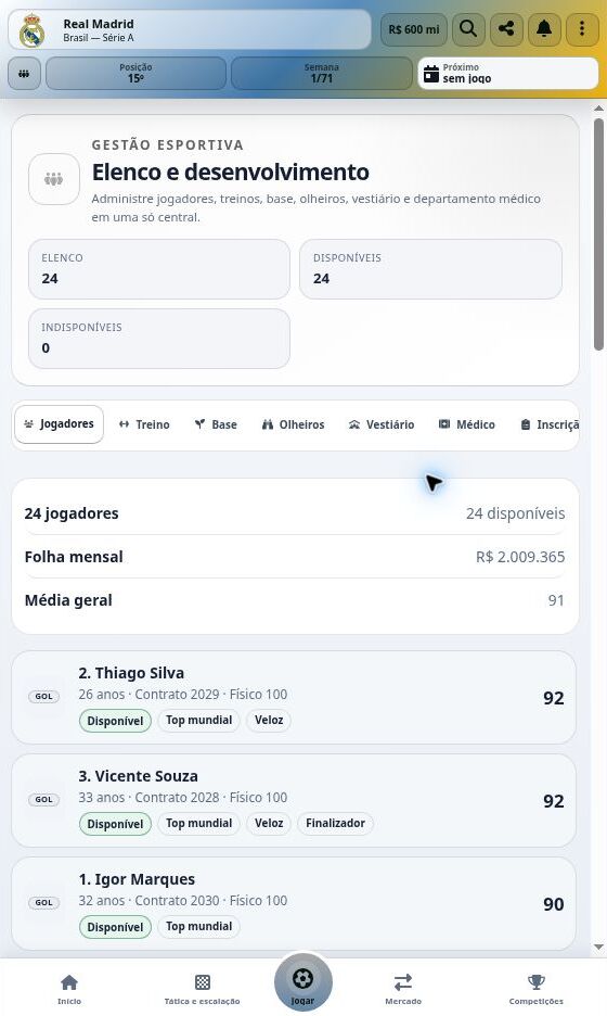 Captura real do Goooool.net: Elenco e desenvolvimento