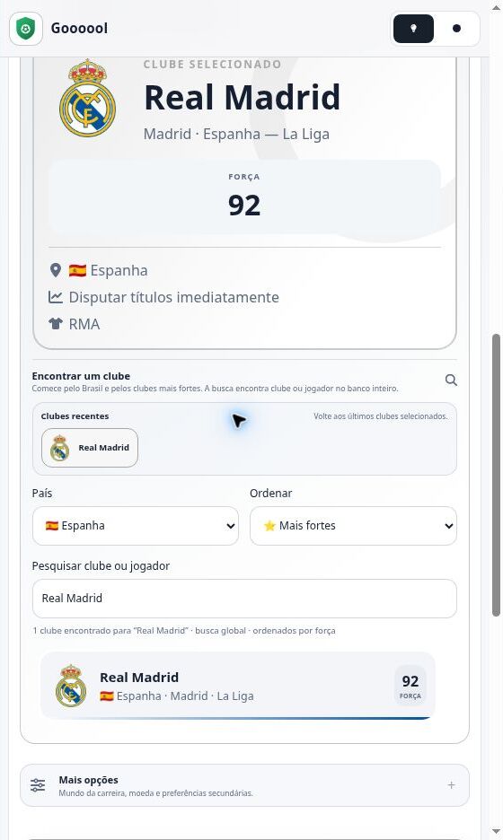 Captura real do Goooool.net: Escolha do Real Madrid para uma nova carreira