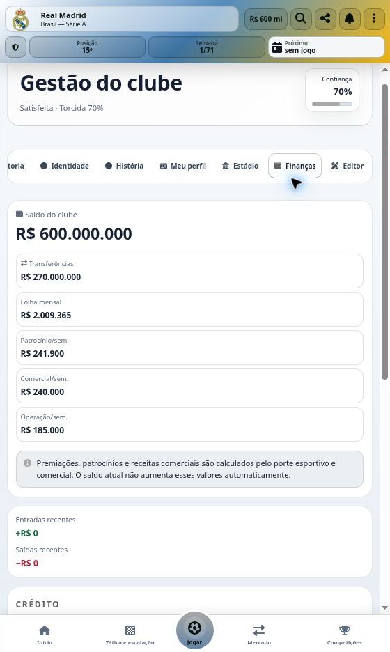 Captura real do Goooool.net: Finanças do clube