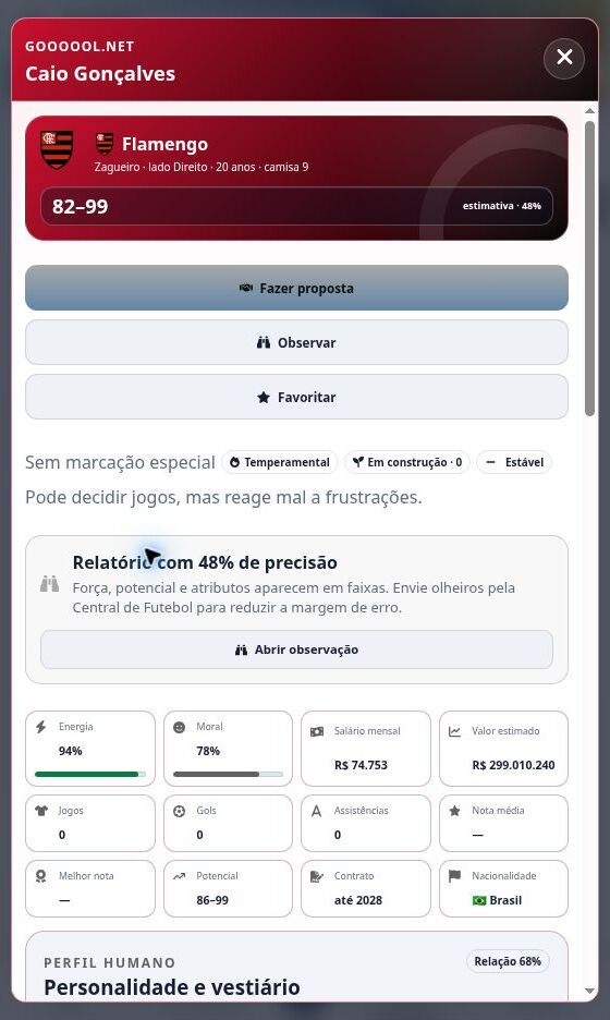 Captura real do Goooool.net: Perfil de jogador, observação e mercado