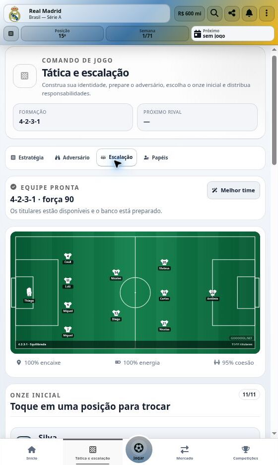 Captura real do Goooool.net: Tática e escalação